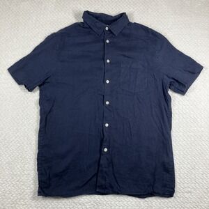 Celio Men's 100% Linen Button Down Shirt Navy Med Lightweight Breathable